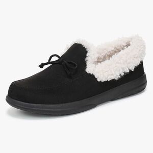 New Vionic Black Slippers with Cream Sherpa Collar Sz 8.5